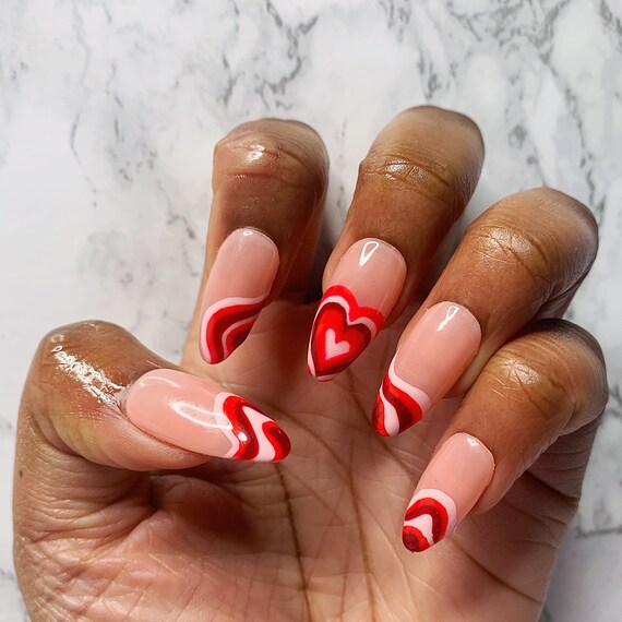 Red Swirl Heart Abstract French Press On Nails Almond Shape Etsy Ireland
