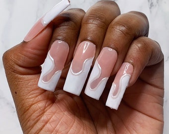 White Abstract Iridescent Chrome Outline Press On Nails | Almond Nails, Coffin Nails, Square Nails