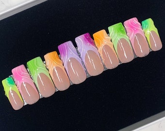 Pastel French Tip Press On Nails, 3D Swirls, Airbrush Aura | Almond Nails, Coffin Nails, Square Nails