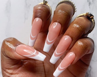 Double White French Tip Press On Nails | Almond Nails, Coffin Nails, Square Nails