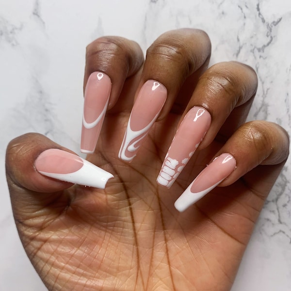 White French Tip Press On Nails, Swirl, Outline, Croc Print | Almond Nails, Coffin Nails, Square Nails