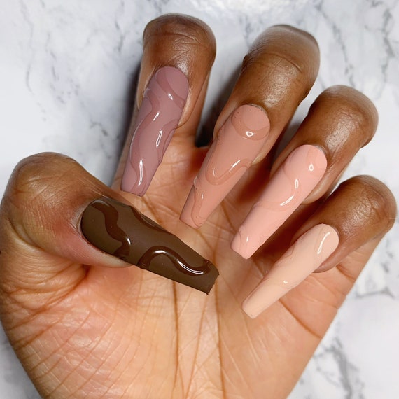 Brown Swirl Matte Glossy Press On Nails Nude Abstract Almond Etsy Canada