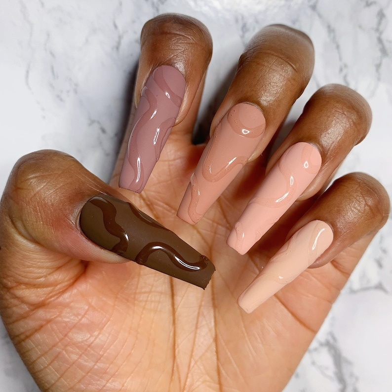 Brown Nude Abstract Swirl Matte Glossy Press On Nail Set  image 0