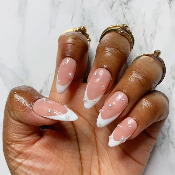 Foccna French Press On Nails Medium, Pearl White Fake Nails Almond