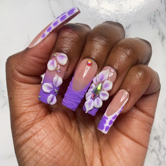 Purple Freestyle French Tip Ombre Press on Nails Acrylic Flowers
