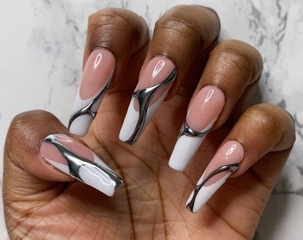 White French Tip Press On Nails, Abstract Silver Chrome | Almond Nails, Coffin Nails, Square Nails