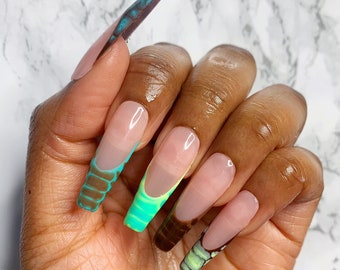 Brown Green Press On Nails, Crocodile Print French Tips | Almond Nails, Coffin Nails, Square Nails