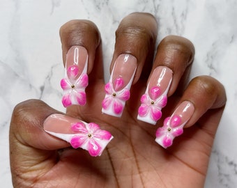 Pink 3D Flowers, White French Tip Press On Nails | Almond Nails, Coffin Nails, Square Nails