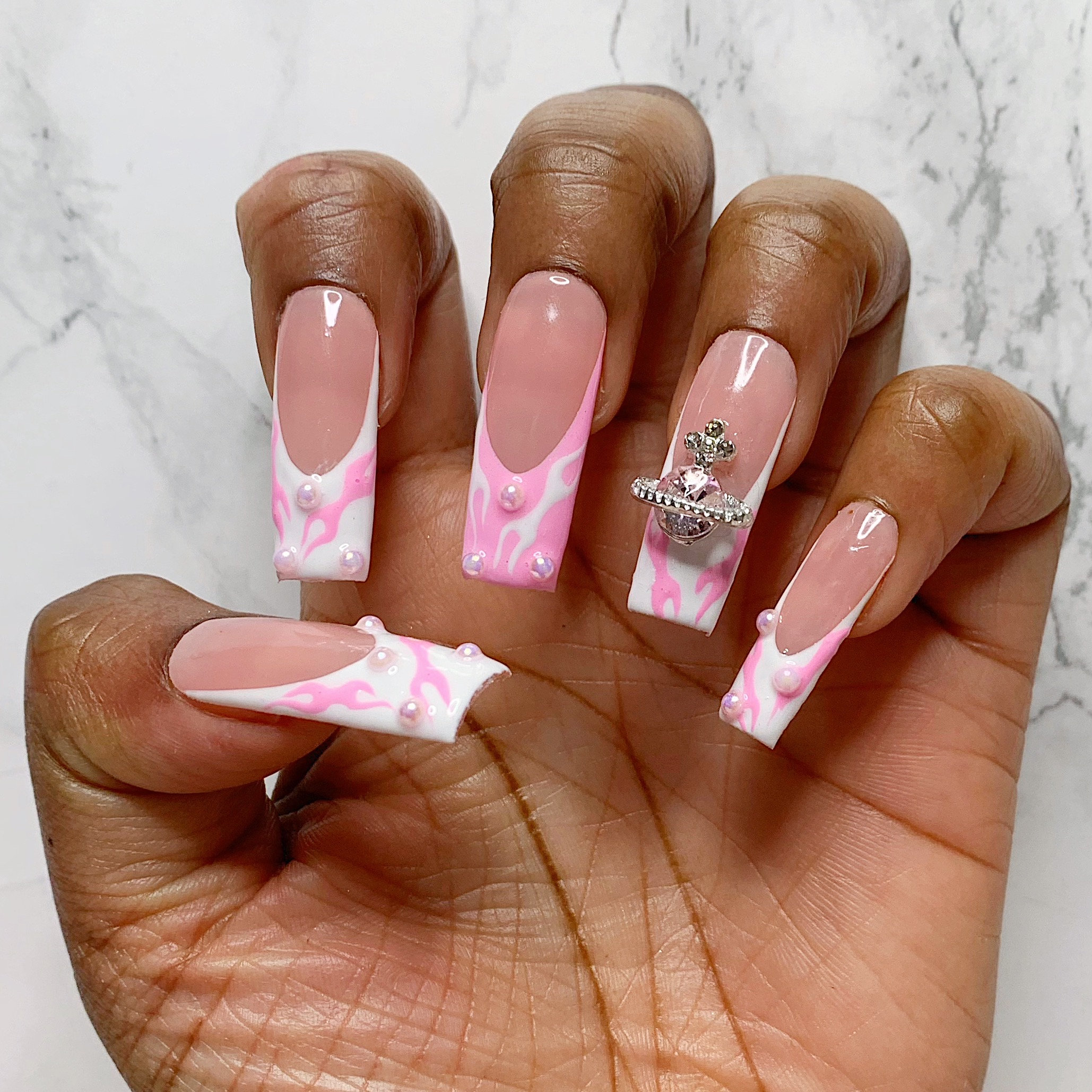 Glamour Hand Painted Press Ons Pink French Tips White and Pink Nails Chrome Nails  Charm Nails Bow Nails Pearl Nails 