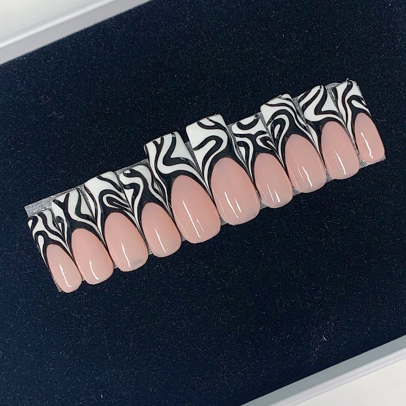 White French Tip Press On Nails, Black Swirl Abstract Almond Nails, Coffin Nails, Square Nails image 5