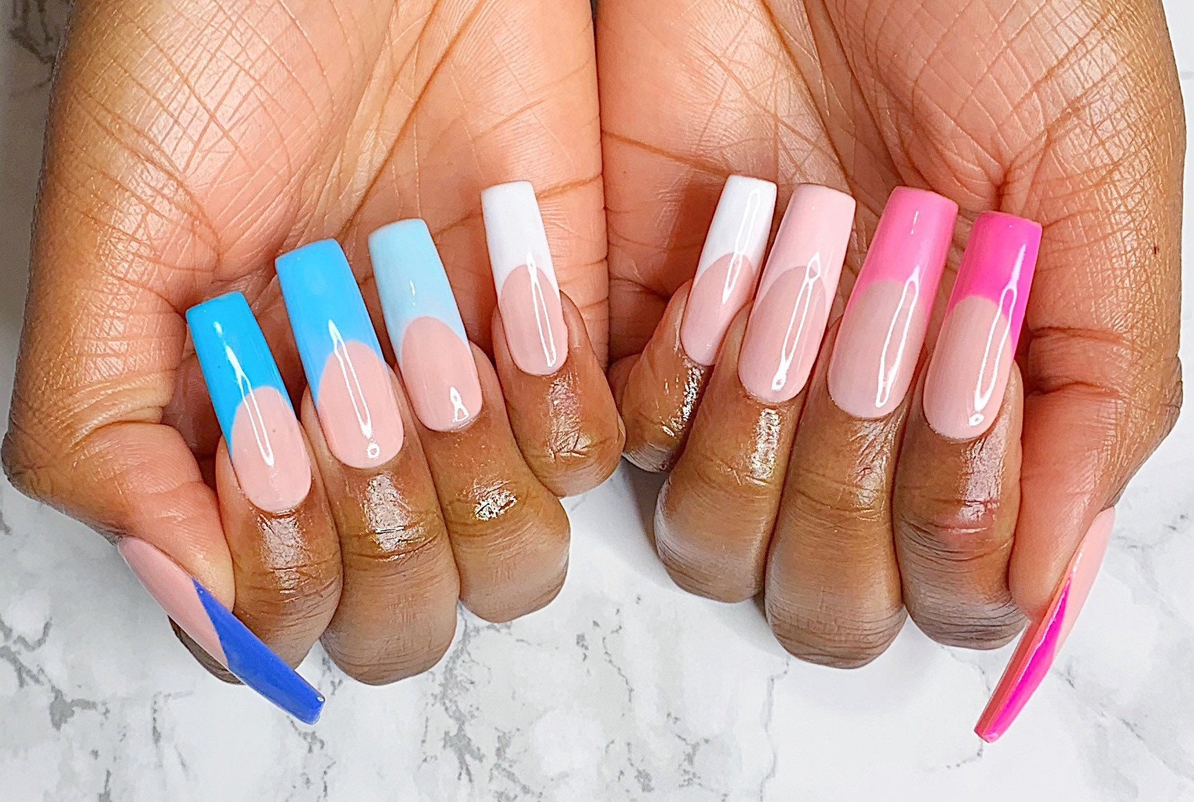 French Tip Pink Blue Gradient Press On Nail Set Almond Shape Etsy