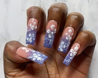 Blue Water Ombre Press On Nails, White Y2K Flowers | Almond Nails, Coffin Nails, Square Nails