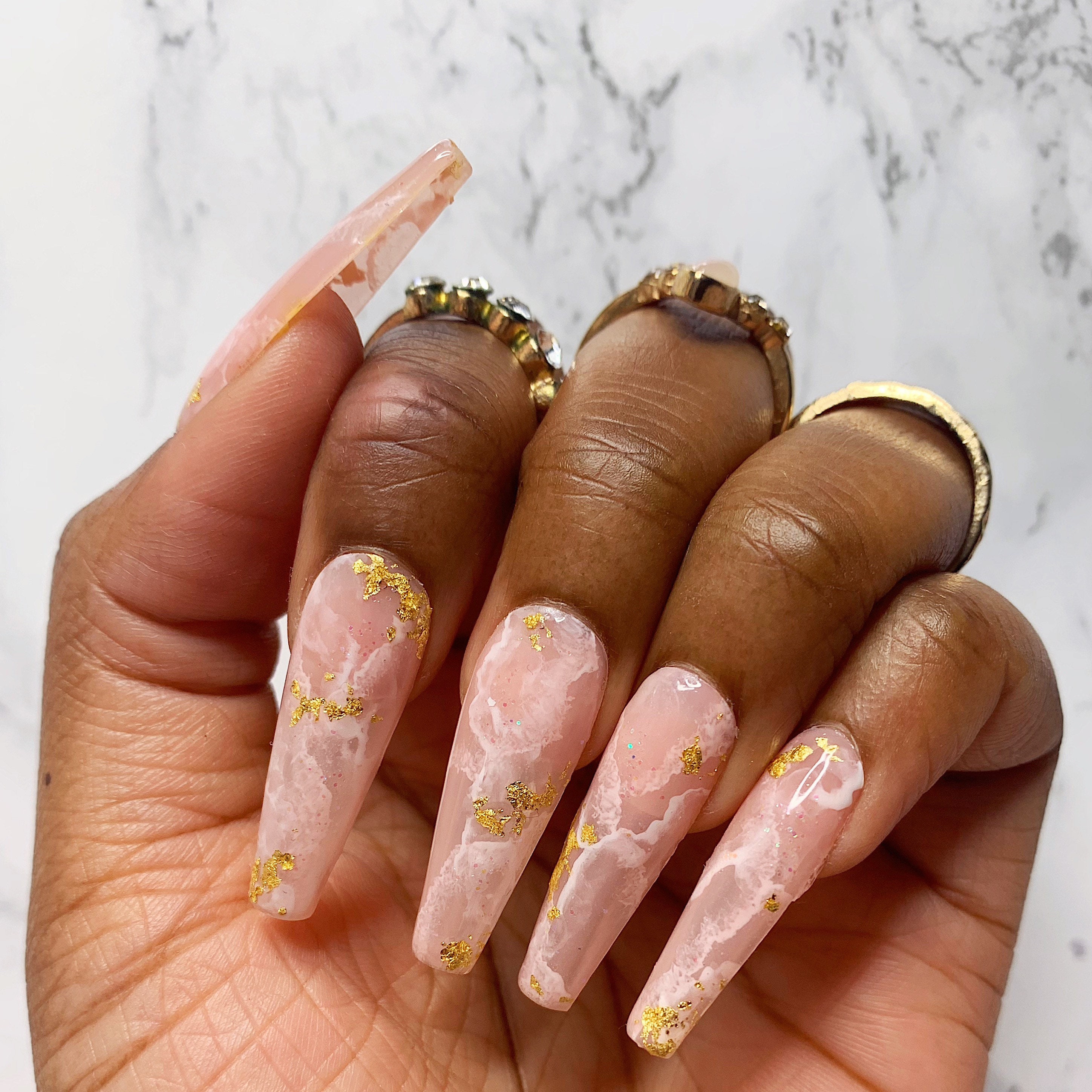 Rose Quartz Pink Press on Nails Gold Flake Glitter XL Nails - Etsy