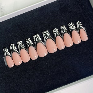 White French Tip Press On Nails, Black Swirl Abstract Almond Nails, Coffin Nails, Square Nails image 4