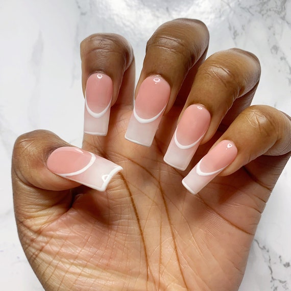 Amazon.com: VOTACOS French Tip Press on Nails Short Square Fake Nails Ombre  Nude False Nails with Gradient Design Glossy Stick on Nails for Women :  Beauty & Personal Care