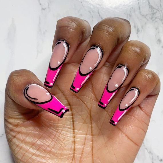 Pink Pop Art Cartoon French Tip Press on Nails Almond Nails - Etsy Israel Pink Pop Art Cartoon French Tip Press on Nails Almond Nails - Etsy Israel