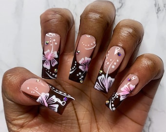 Brown French Tip Press On Nails, Y2K Flowers, Rhinestones | Almond Nails, Coffin Nails, Square Nails