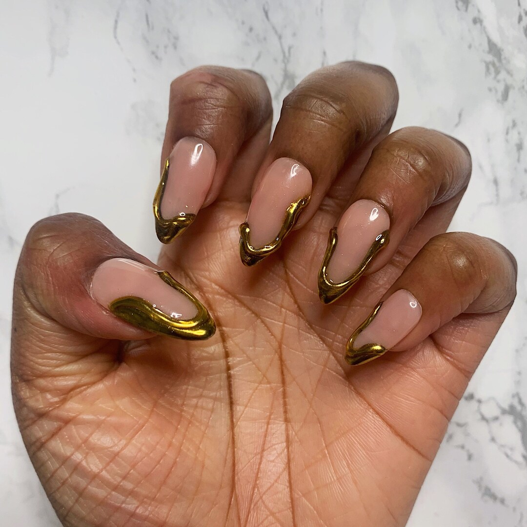 Gold Chrome Press On Nails With 3D Swirl French Tip Almond Coffin 