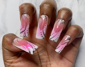 Pink Airbrush Aura, Silver Chrome Y2K, White French Tip Press On Nails | Almond Nails, Coffin Nails, Square Nails