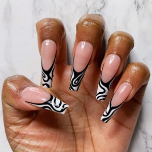 White French Tip Press On Nails, Black Swirl Abstract Almond Nails, Coffin Nails, Square Nails image 1