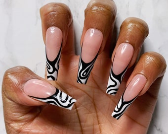 White French Tip Press On Nails, Black Swirl Abstract | Almond Nails, Coffin Nails, Square Nails