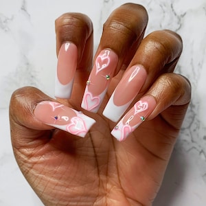 White Pink French Tip Press On Nails, Airbrush Style Hearts, Rhinestones | Almond Nails, Coffin Nails, Square Nails