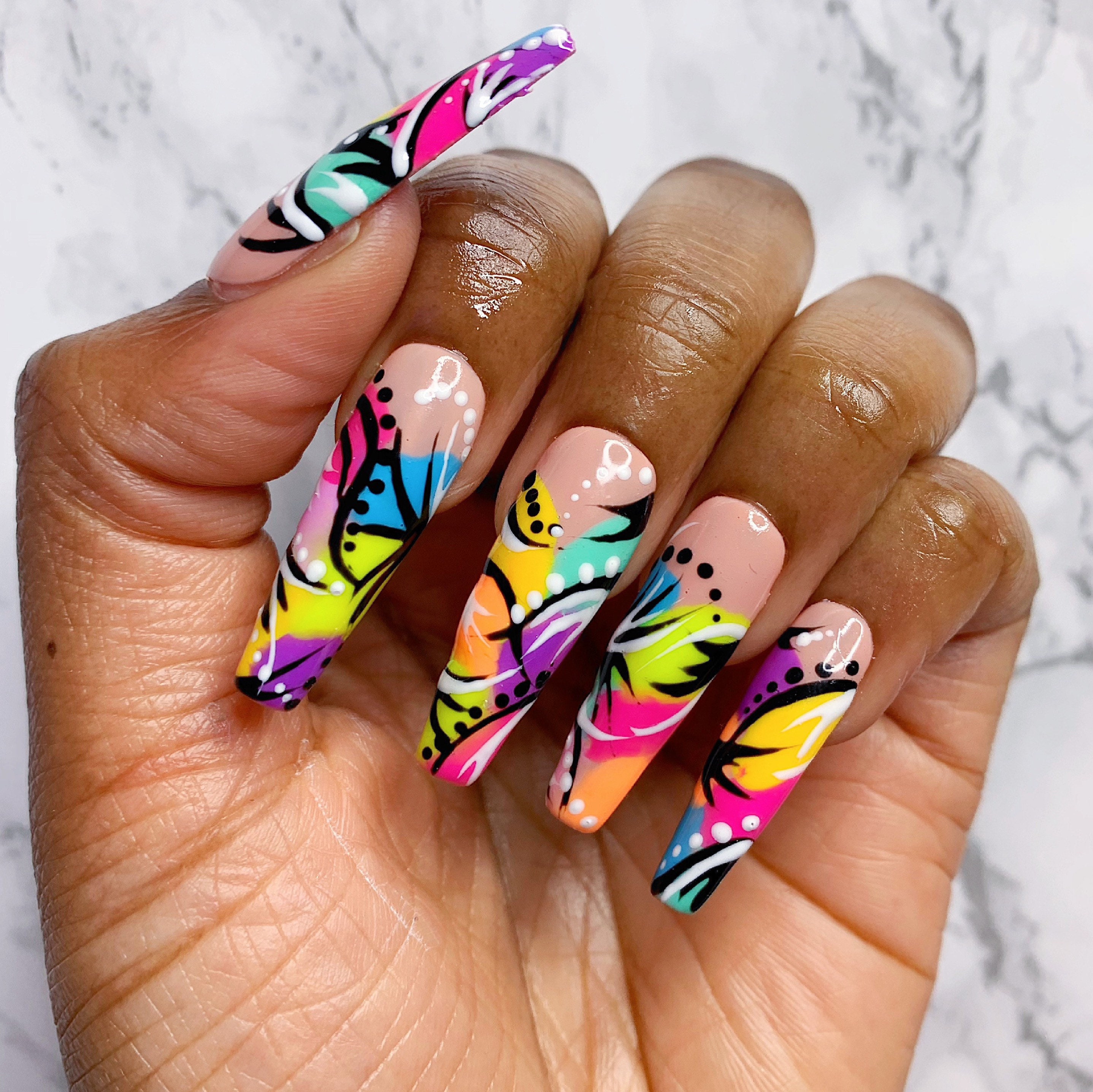 Rainbow 90s Inspired Abstract Press On Nail Set Square Shape | Etsy