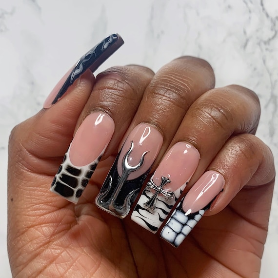 black white silver nail designs