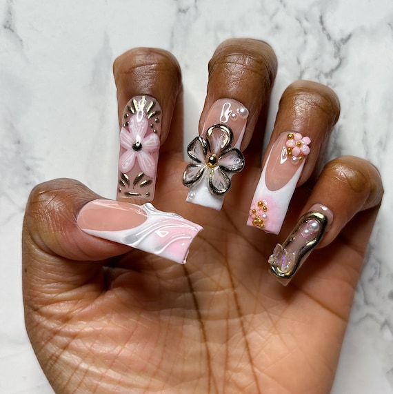 Pink Airbrush French Tip Press on Nails: Gold Chrome 3D Flower - Etsy