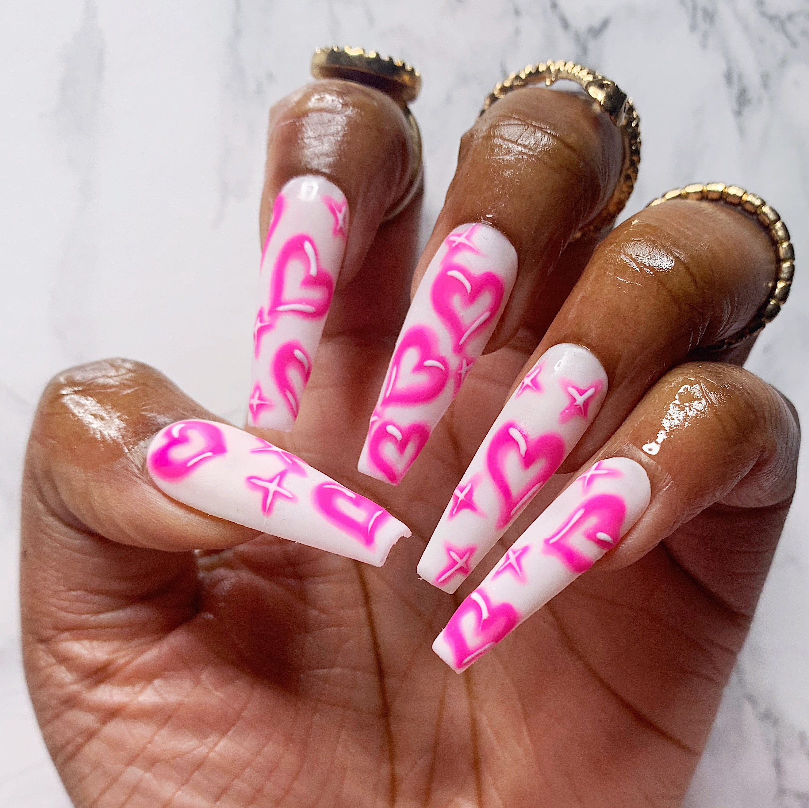 Pink Airbrush Style Hearts Milky White Press on Nails Almond - Etsy Israel