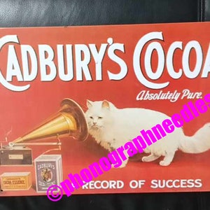 Tin Metal Sign - Vintage Style Cadbury&#39;s Cocoa Cat listening to Phonograph
