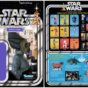 May include: A vintage Star Wars action figure card featuring Nabrun Leids, a blue-skinned alien with a gas mask. The card has a silver background with the Star Wars logo and the text "Nabrun Leids". The back of the card shows a collection of Star Wars action figures and playsets.