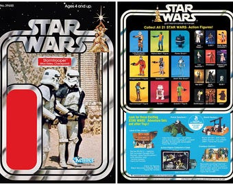 May include: A vintage Star Wars action figure card featuring two Stormtroopers in a desert setting. The card is black and silver with the words "Star Wars" in large white letters. The back of the card features a collection of other Star Wars action figures and playsets.