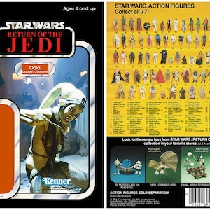 May include: A vintage Star Wars action figure card featuring Oola, a character from Return of the Jedi. The card is orange and black with a picture of Oola in a black and white outfit. The back of the card shows a collection of Star Wars action figures and other toys.