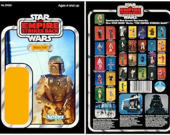 May include: A vintage Star Wars action figure card featuring Boba Fett. The card is black with a silver border and features a picture of Boba Fett in his iconic Mandalorian armor. The back of the card shows a variety of other Star Wars characters and toys.