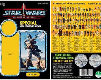 May include: A vintage Star Wars action figure card featuring Boba Fett. The card is yellow and blue with the text "Star Wars: The Power of the Force" and "Special Collectors Coin". The back of the card shows a grid of Star Wars action figures with the text "Star Wars Action Figures. Collect all 92!" and "Special Star Wars Coins. Collect all 62!"