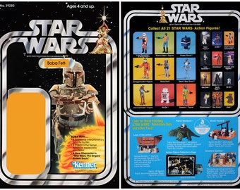 May include: A vintage Star Wars action figure card featuring Boba Fett. The card is orange and black with a picture of Boba Fett in his iconic Mandalorian armor. The back of the card features a list of other Star Wars action figures and a description of Boba Fett.