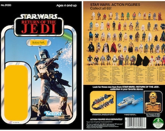 May include: A vintage Star Wars action figure card featuring Boba Fett from Return of the Jedi. The card is yellow and black with a picture of Boba Fett in his iconic Mandalorian armor. The back of the card shows a collection of other Star Wars action figures.