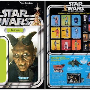 May include: A vintage Star Wars action figure card featuring Devil Man. The card is green and silver with the Kenner logo. The back of the card shows a collection of Star Wars action figures.
