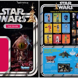 May include: A vintage Star Wars action figure card featuring the Trash Monster. The card is black with silver accents and features a close-up image of the monster. The back of the card lists other Star Wars action figures and playsets.