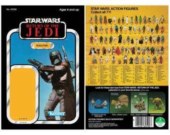 May include: A vintage Kenner Star Wars action figure card featuring Boba Fett from Return of the Jedi. The card is yellow and blue with a picture of Boba Fett in his iconic Mandalorian armor. The back of the card features a collection of other Star Wars action figures.