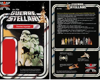 May include: A vintage Star Wars action figure card featuring a Stormtrooper. The card is black with silver and red accents. The text on the card reads "Guerre Stellari" and "Guerriero Imperiale".