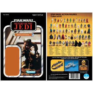 Könnte beinhalten: Vintage Star Wars Return of the Jedi Actionfiguren-Verpackung. Die Vorderseite zeigt ein Rebel Commando-Bild und das Star Wars-Logo. Die Rückseite zeigt verschiedene Actionfiguren und Zubehör. Ab 4 Jahren.
