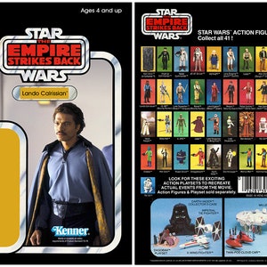 May include: A vintage Star Wars action figure card featuring Lando Calrissian from The Empire Strikes Back. The card is yellow and black with a picture of Lando in his signature blue shirt and brown cape. The back of the card features a collection of other Star Wars action figures.