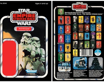 May include: A vintage Star Wars action figure card featuring a Stormtrooper from the Empire Strikes Back movie. The card is black and red with the Kenner logo and the Star Wars logo. The back of the card features a grid of other action figures from the movie.