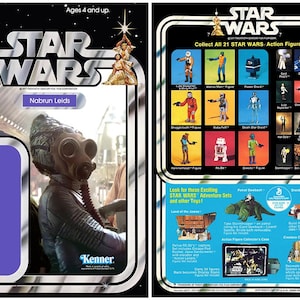 May include: A vintage Star Wars action figure card featuring Nabrun Leids, a character from the Star Wars universe. The card is black and white with a silver border and features a picture of the character in a gas mask. The card also includes the Star Wars logo and the Kenner logo.