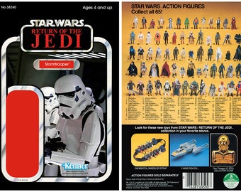 May include: A vintage Star Wars action figure card featuring a Stormtrooper from the Return of the Jedi movie. The card is black and red with the Kenner logo. The back of the card shows a collection of Star Wars action figures.