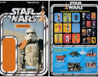 May include: A vintage Star Wars action figure card featuring a Stormtrooper from the Tatooine Detachment. The card is white with silver accents and features the Kenner logo. The back of the card shows a collection of other Star Wars action figures and playsets.