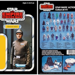 以下が含まれることがあります： スター・ウォーズのビンテージアクションフィギュアカード。帝国の逆襲のジェネラル・ヴィアーズが描かれている。カードは黄色と黒で、前面にアクションフィギュアの画像、背面に他のスター・ウォーズアクションフィギュアのリストが掲載されている。