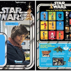May include: Vintage Star Wars action figure packaging featuring Aunt Beru. The card back displays various action figures and adventure sets. The packaging is black with a silver border and the Star Wars logo.